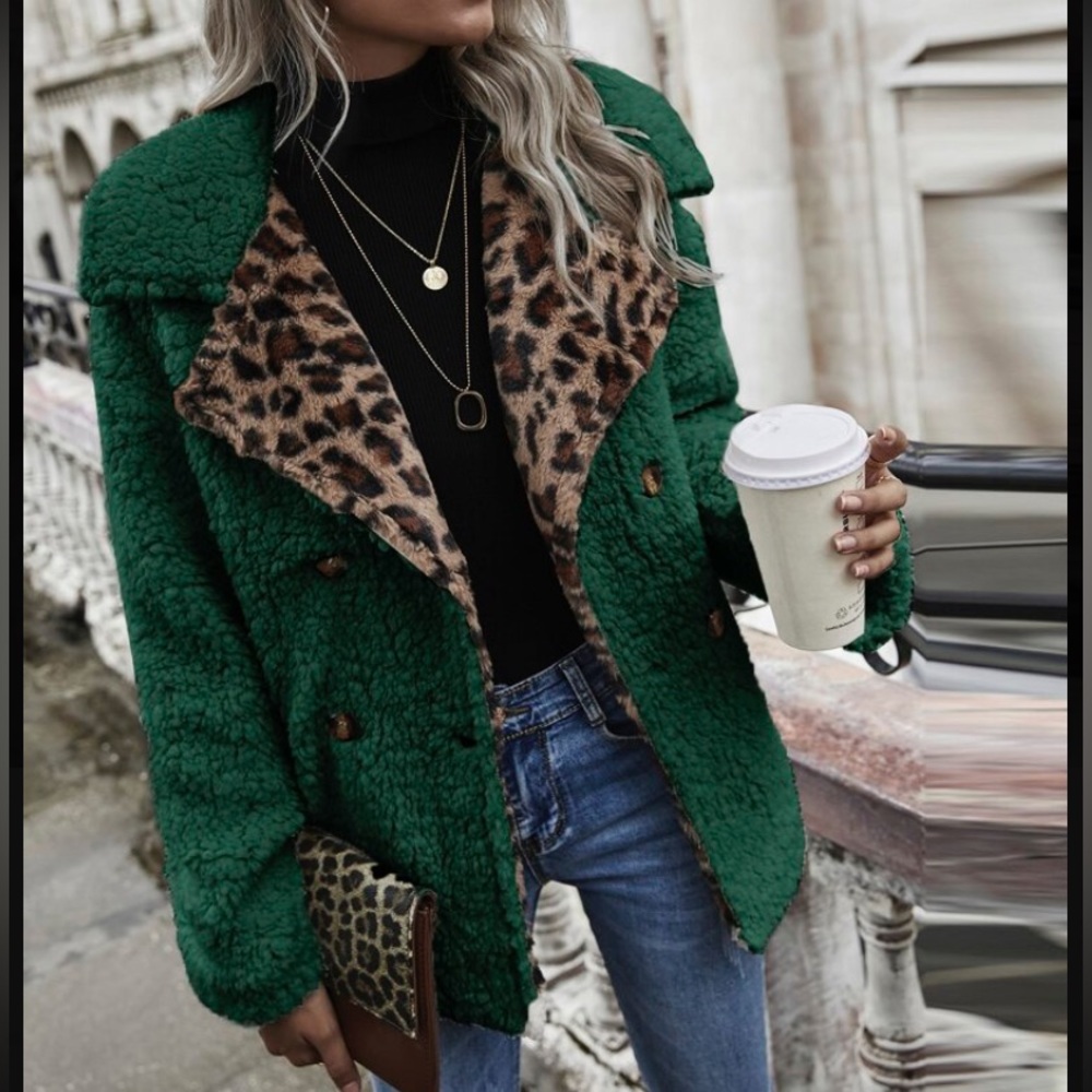 Shein Lune Leopard Print Double Button Teddy Coat - image 1